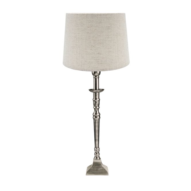Srebrna lampa stołowaz beżowym kloszem Salong